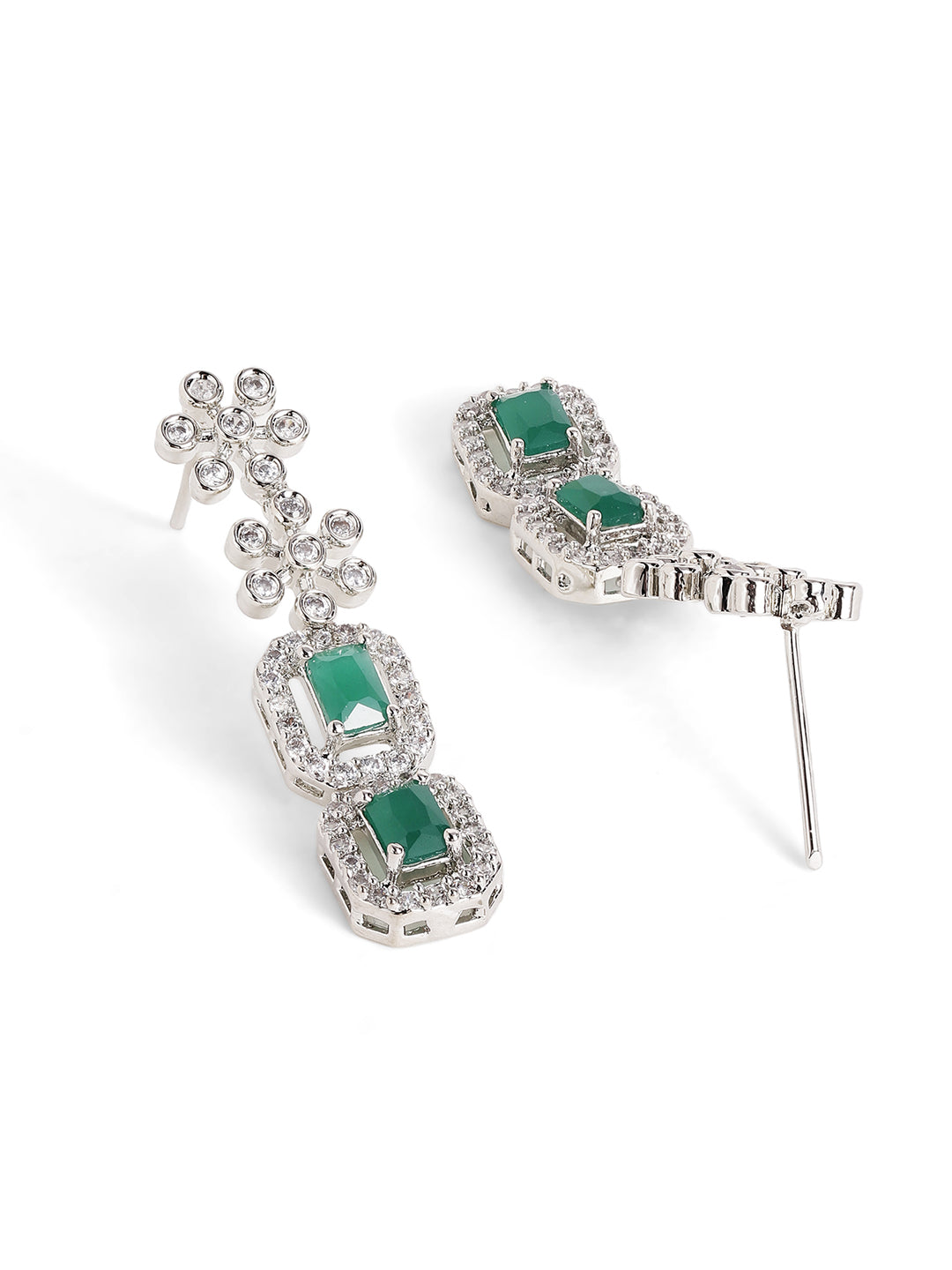 Floral Emerald Elegance Layered Style Silver Plated Necklace Drop Earrings Jewellery Set