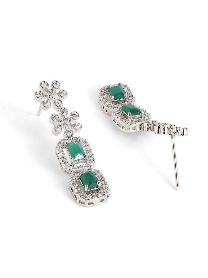 Floral Emerald Elegance Layered Style Silver Plated Necklace Drop Earrings Jewellery Set