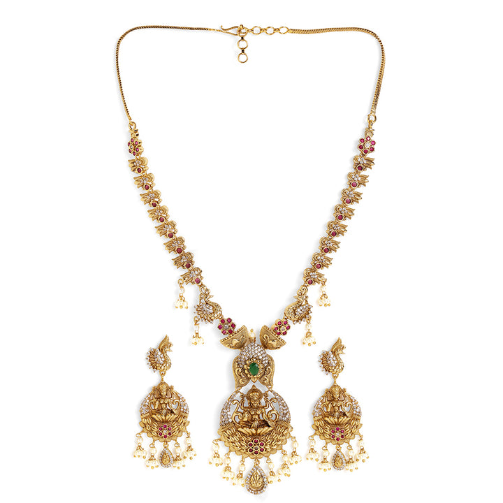 Goddess Pearl Style Gold Plated Necklace Drop Earrings Jewellery Set