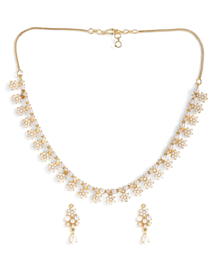 Floral Style Pearl Studded Necklace and Drop Earrings Jewellery Set