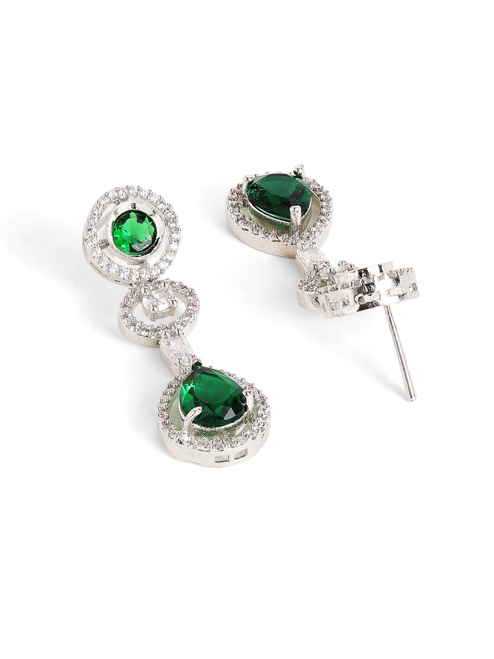 Emerald Stoned American Diamond Silver Plated Elegant necklace Drop Earrings Jewellery Set