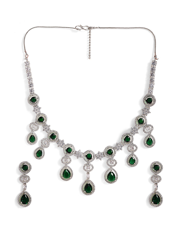 Emerald Stoned American Diamond Silver Plated Elegant necklace Drop Earrings Jewellery Set