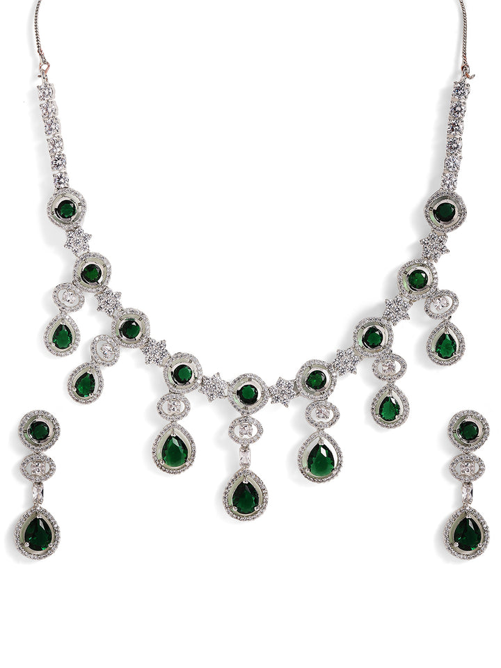 Emerald Stoned American Diamond Silver Plated Elegant necklace Drop Earrings Jewellery Set