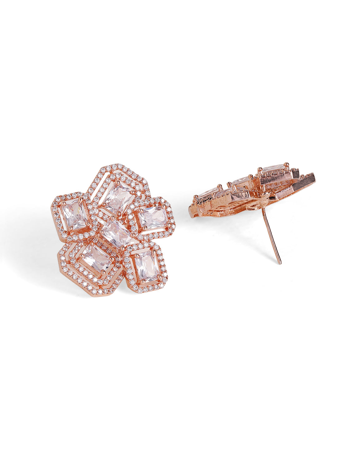 Geometric Pattern Rosegold Plated American Diamond Floral Stud Earrings Jewellery Set