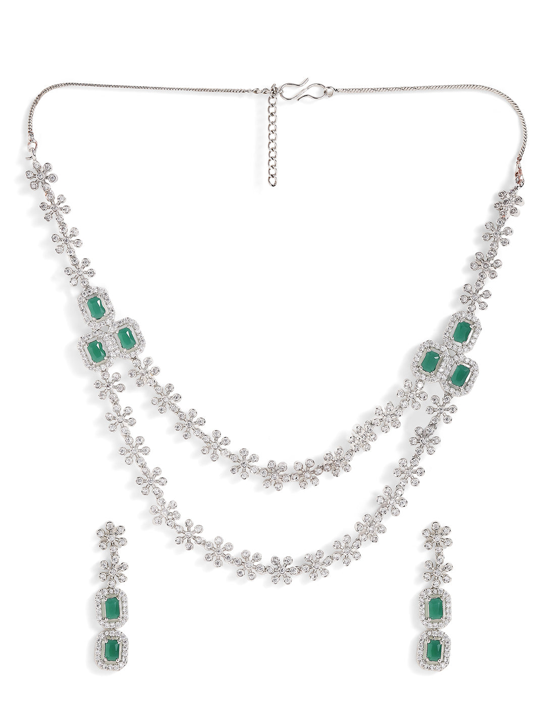 Floral Emerald Elegance Layered Style Silver Plated Necklace Drop Earrings Jewellery Set