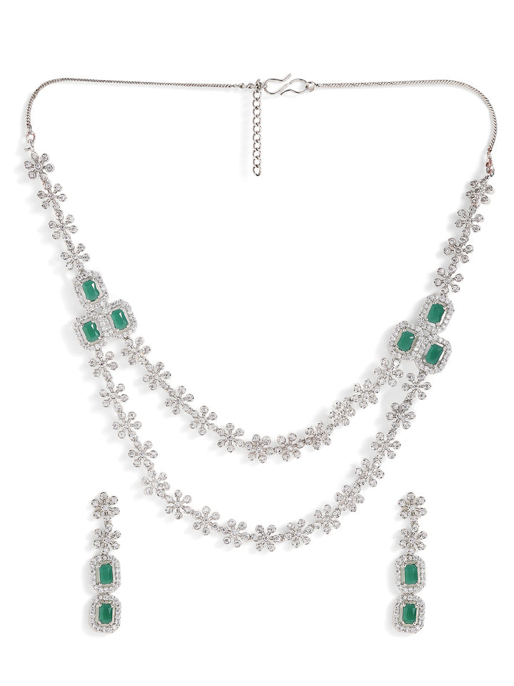 Floral Emerald Elegance Layered Style Silver Plated Necklace Drop Earrings Jewellery Set