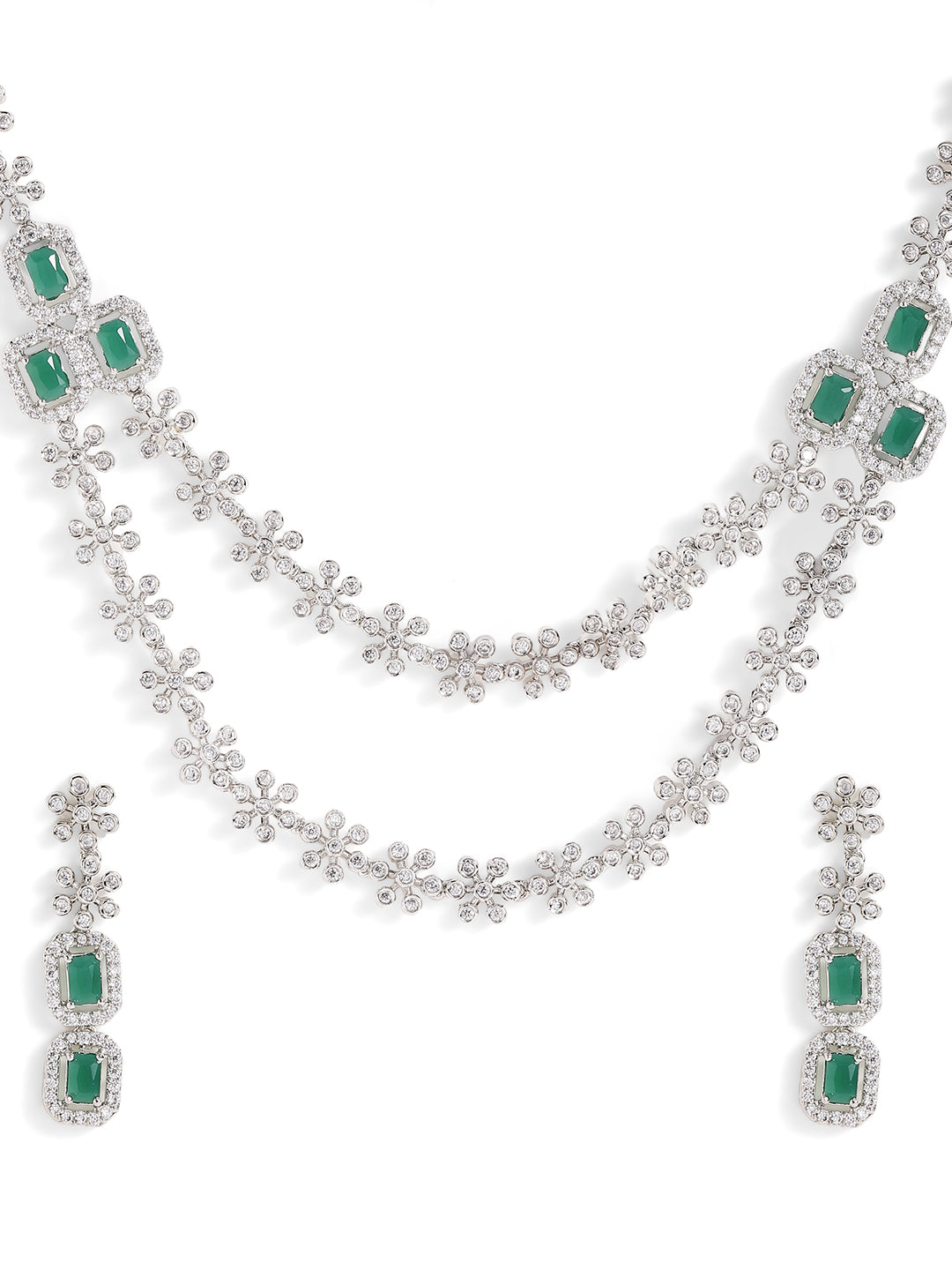 Floral Emerald Elegance Layered Style Silver Plated Necklace Drop Earrings Jewellery Set