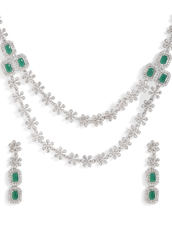 Floral Emerald Elegance Layered Style Silver Plated Necklace Drop Earrings Jewellery Set