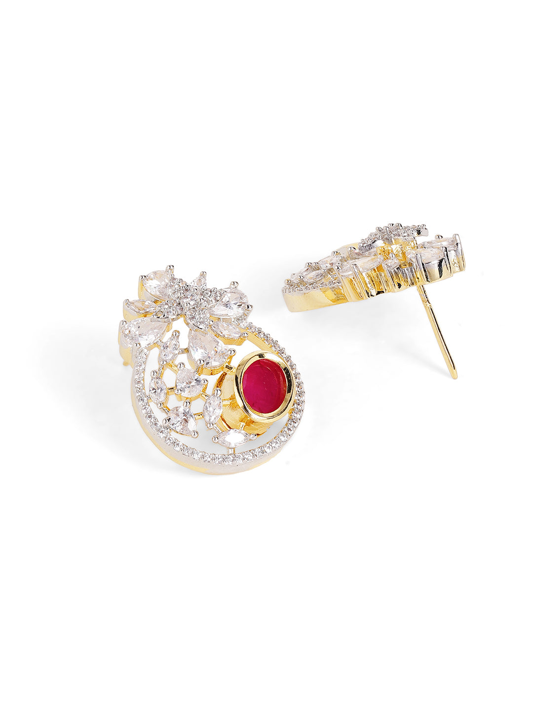 Red Stoned Floral Pattern American Diamond Pendant Stud Earrings Jewellery Set