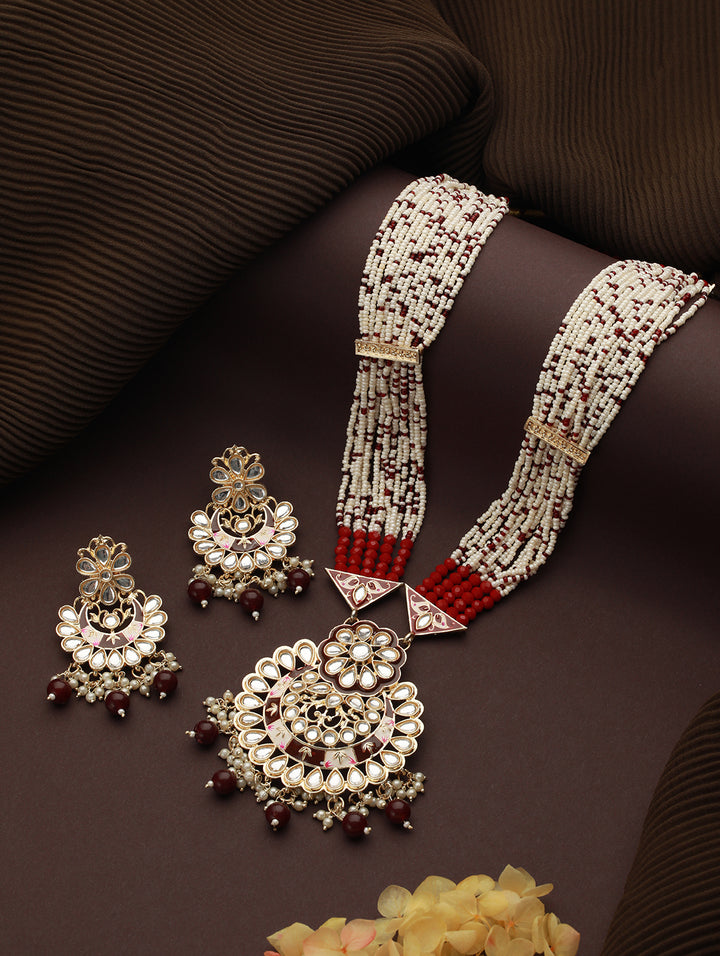 Red Beaded Floral Kundan Meenakari Gold-Plated Maharani Jewellery Set