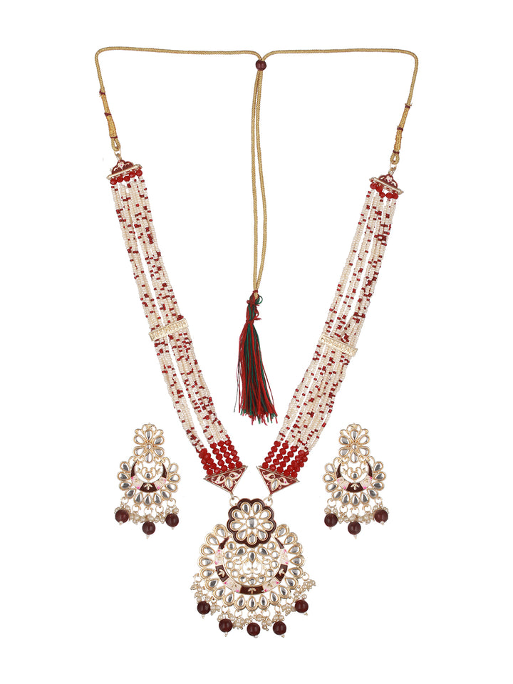 Red Beaded Floral Kundan Meenakari Gold-Plated Maharani Jewellery Set