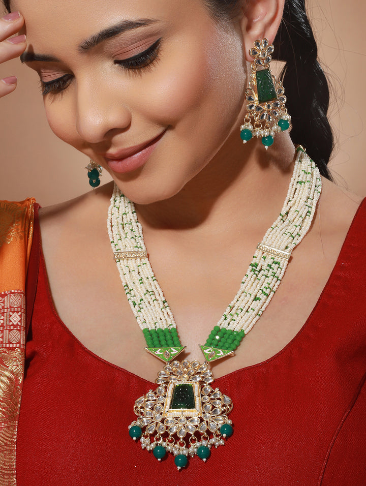 Green Beaded Floral Kundan Gold-Plated Maharani Jewellery Set