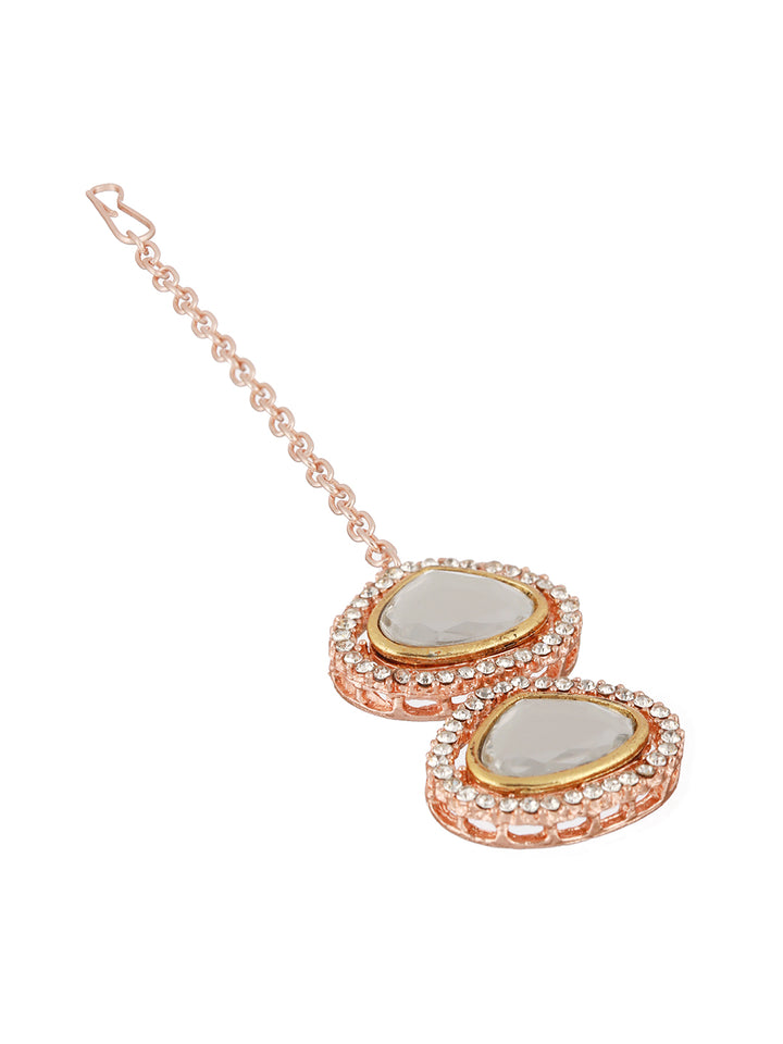 Geometric AD Rose Gold-Plated Jewellery Set with Maangtikka
