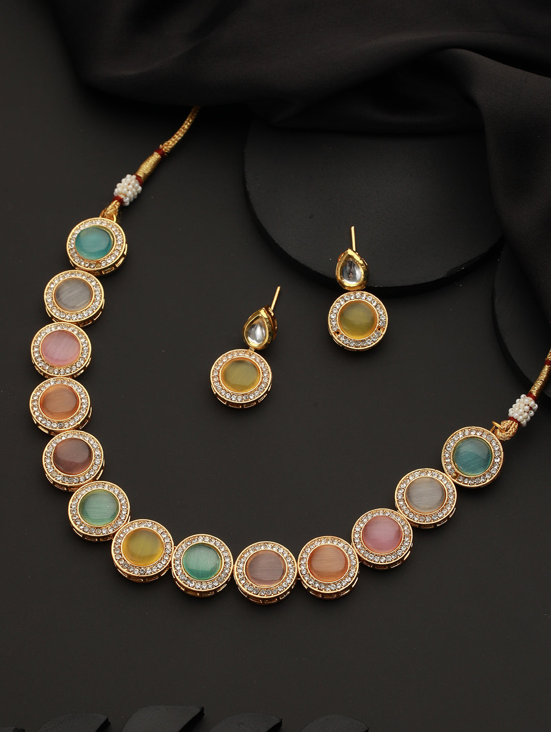 Multicolor Stone Studded Round Design Gold-Plated Jewellery Set