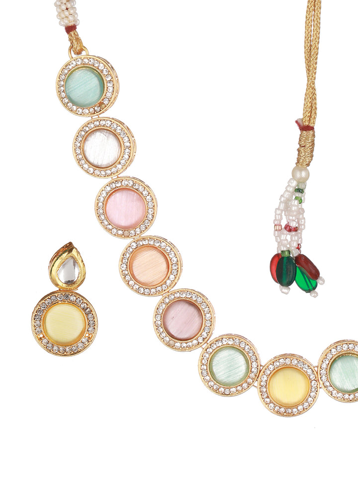 Multicolor Stone Studded Round Design Gold-Plated Jewellery Set