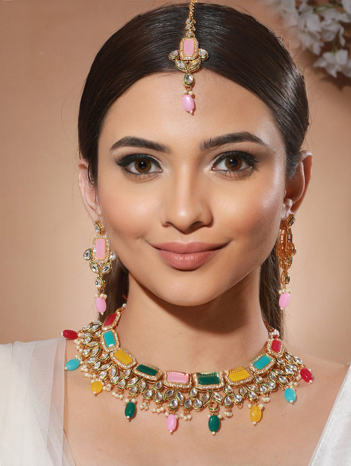Multicolor Kundan Leaf Gold-Plated Jewellery Set with Maangtikka