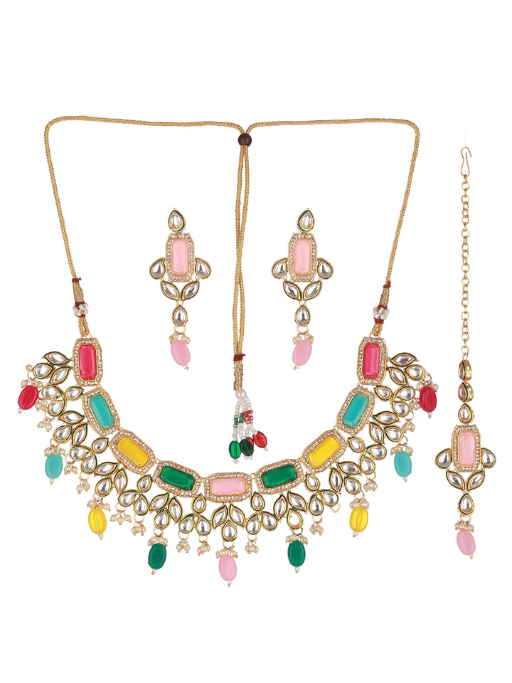 Multicolor Kundan Leaf Gold-Plated Jewellery Set with Maangtikka
