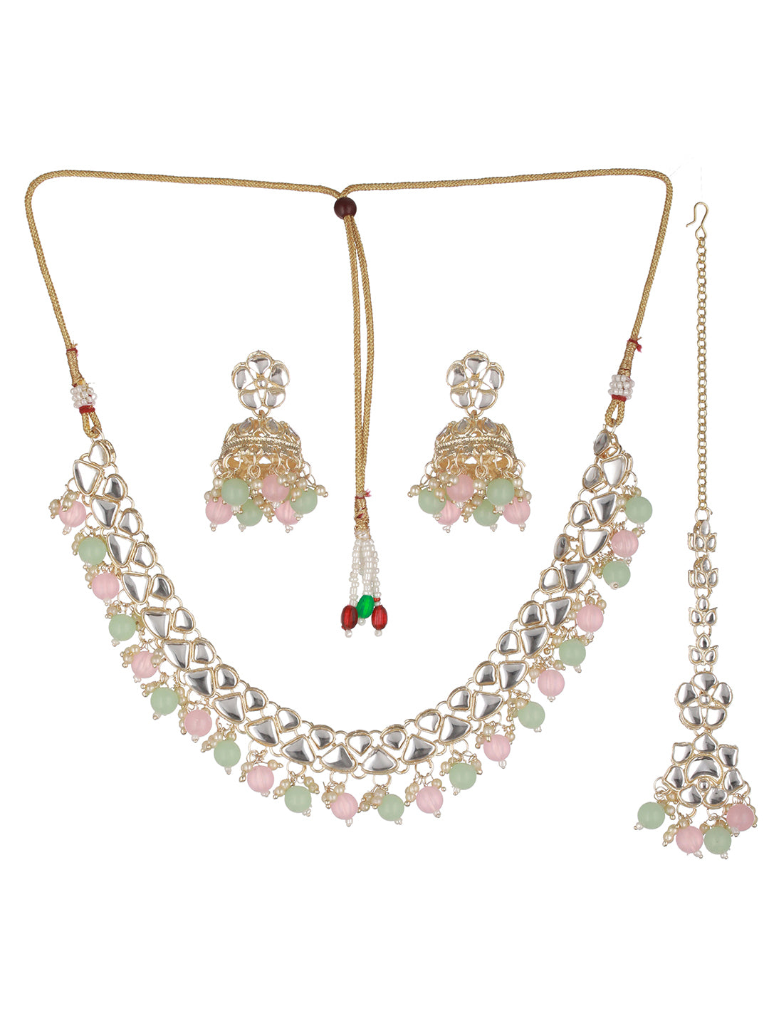 Pretty Pastel-Toned Beaded Kundan Jewellery Set with Maangtikka