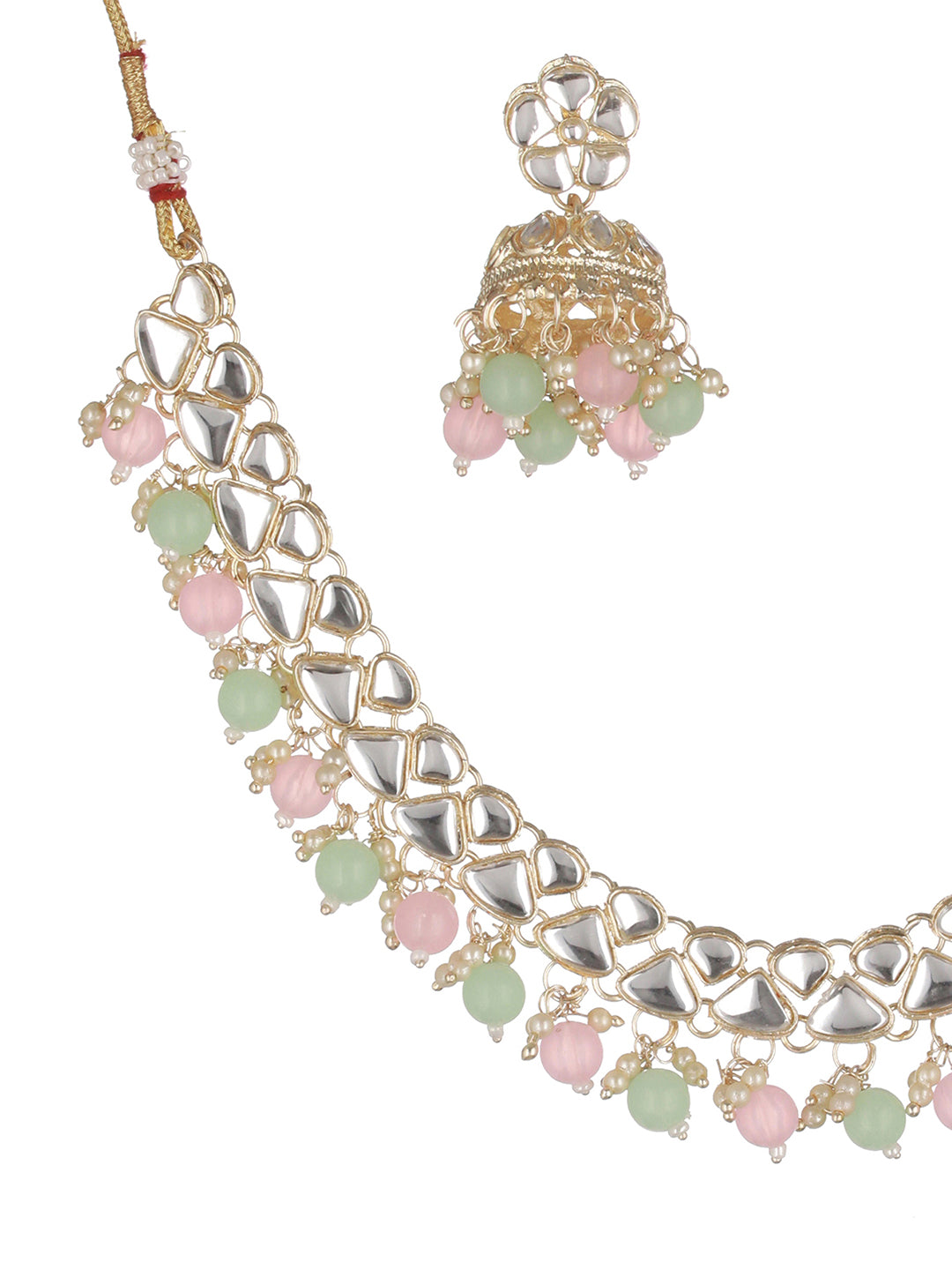 Pretty Pastel-Toned Beaded Kundan Jewellery Set with Maangtikka