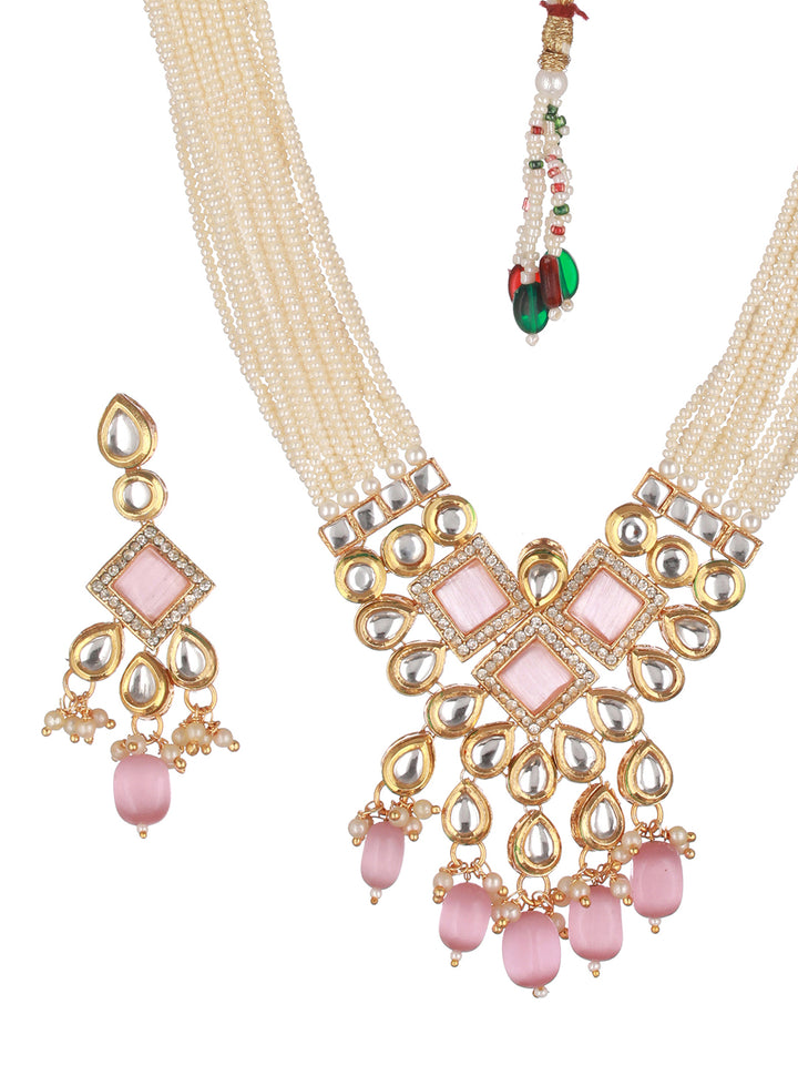 Pink Beaded Block Kundan Gold-Plated Jewellery Set