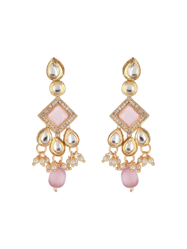 Pink Beaded Block Kundan Gold-Plated Jewellery Set
