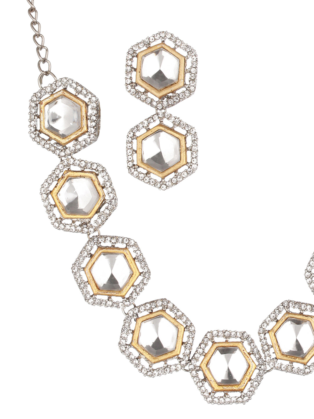 Silver Hexagon AD Silver-Plated Jewellery Set with Maangtikka
