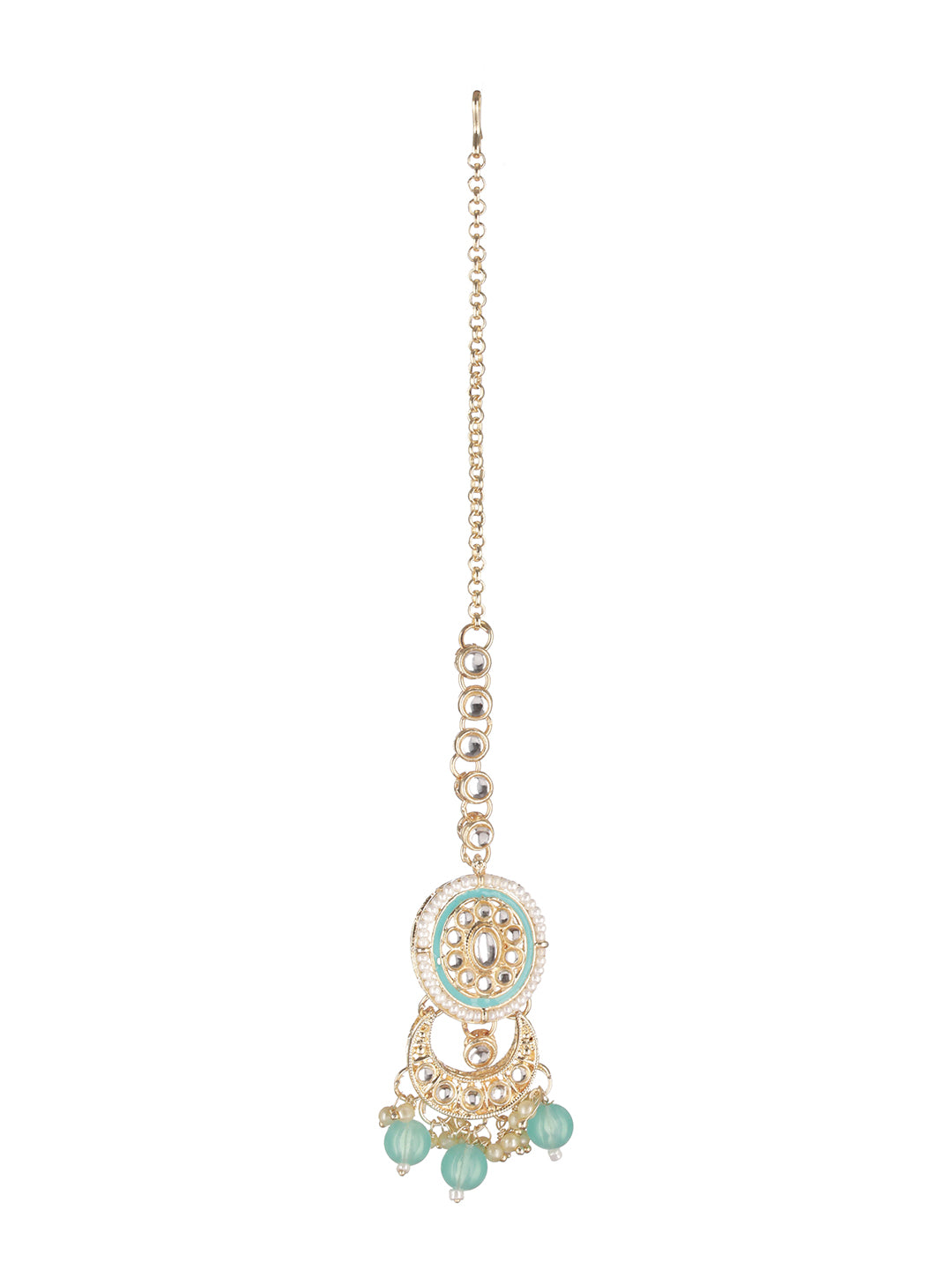 Sky Blue Floral Kundan Beaded Gold-Plated Jewellery Set with Maangtikka
