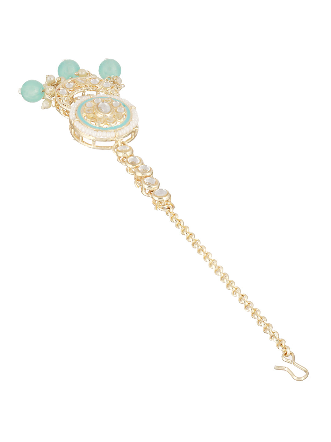 Sky Blue Floral Kundan Beaded Gold-Plated Jewellery Set with Maangtikka