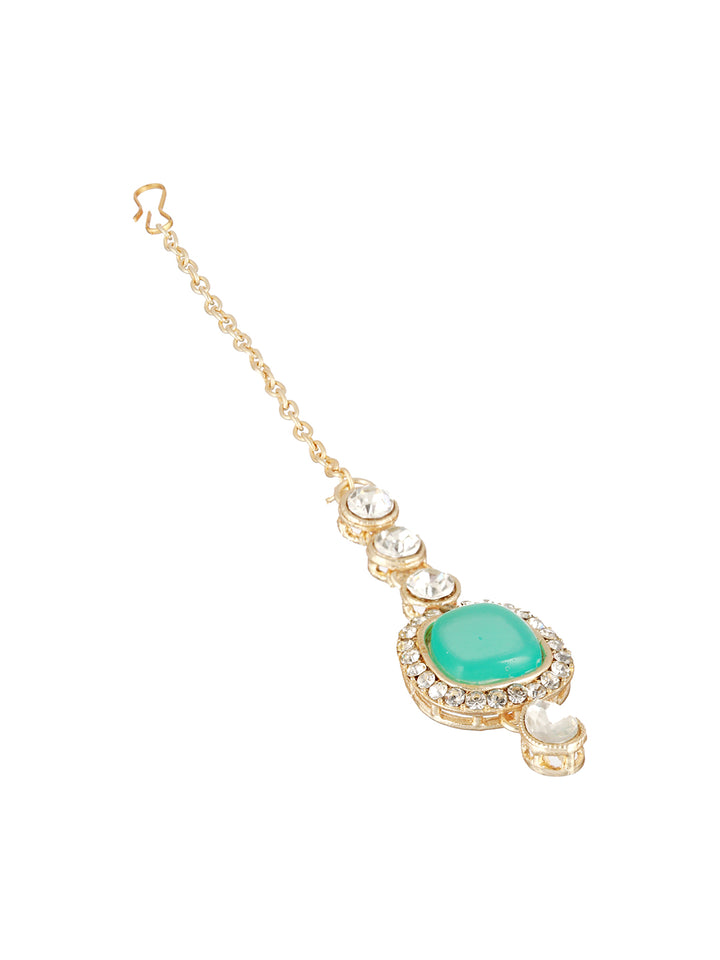 SKy Blue Stone AD Beaded Gold-Plated Choker Jewellery Set with Maangtikka