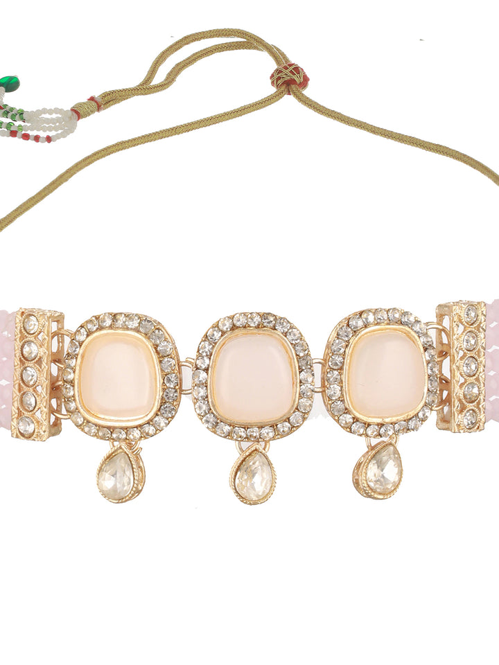 Pink Stone AD Beaded Gold-Plated Choker Jewellery Set with Maangtikka