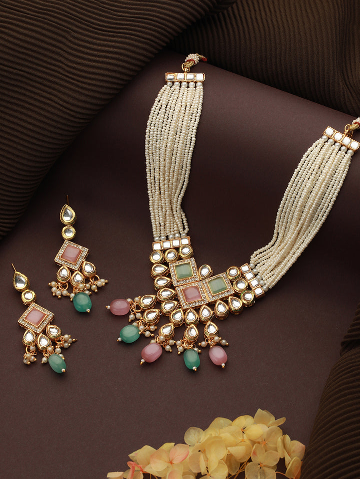 Pastel-Toned Beaded Block Kundan Gold-Plated Jewellery Set