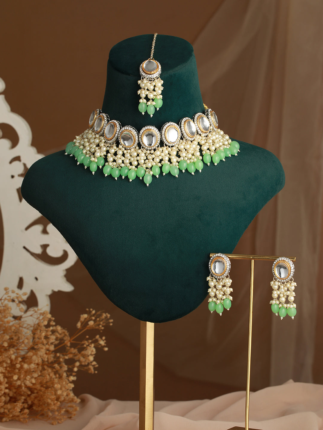 Studded Mint Green Beaded Pearl Gold-Plated Jewellery Set with Maangtikka
