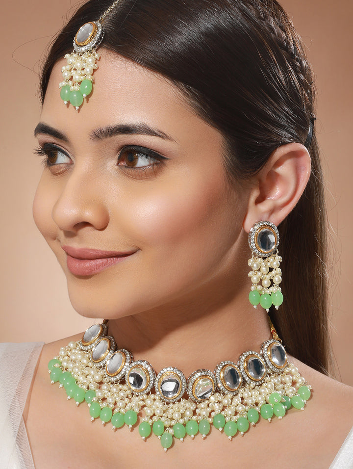 Studded Mint Green Beaded Pearl Gold-Plated Jewellery Set with Maangtikka