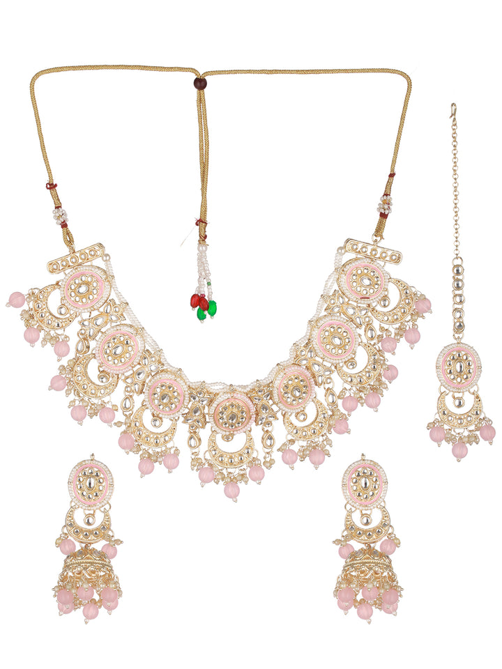 Pink Floral Kundan Beaded Gold-Plated Jewellery Set with Maangtikka
