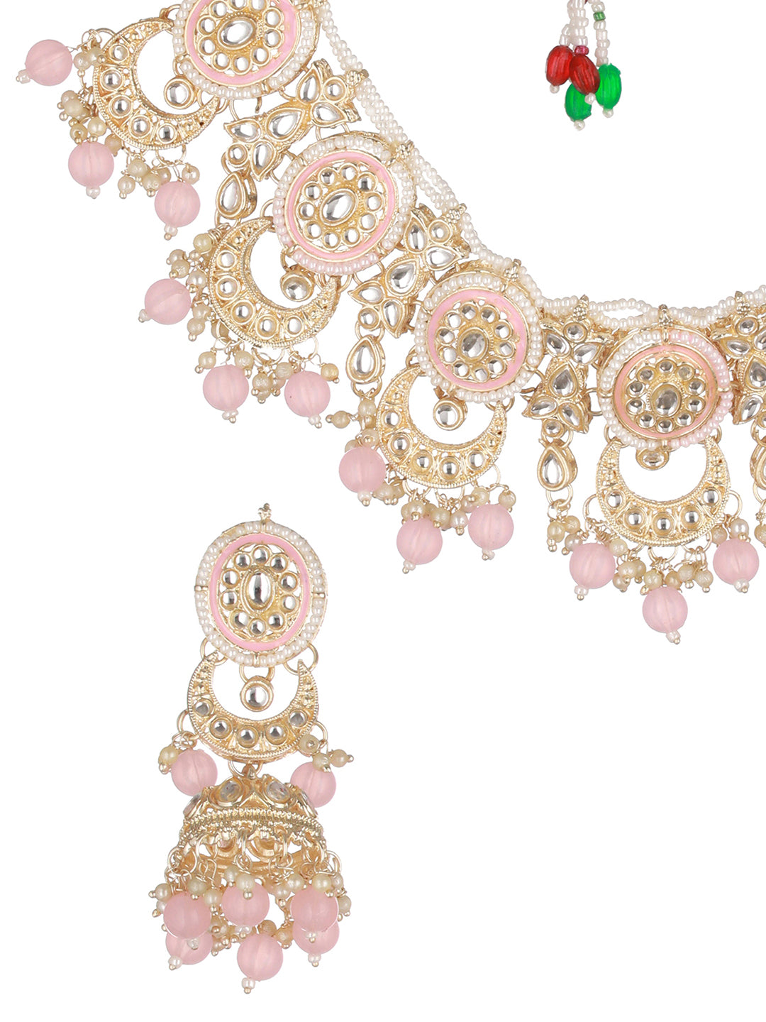 Pink Floral Kundan Beaded Gold-Plated Jewellery Set with Maangtikka