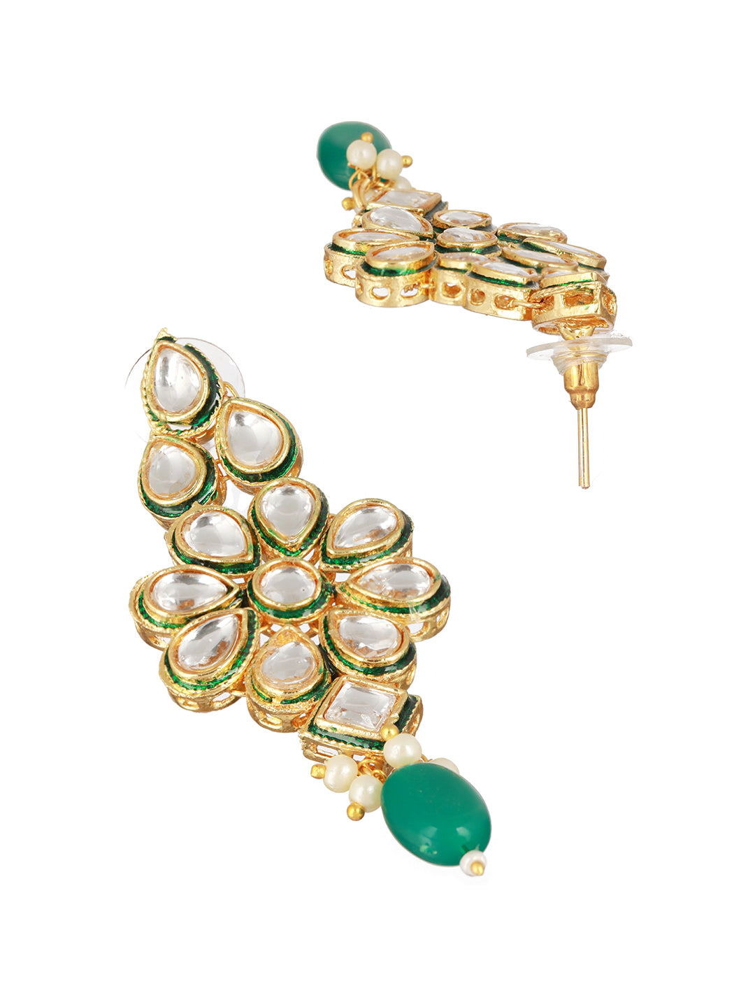 Green Floral Kundan Gold-Plated Jewellery Set with Maangtikka