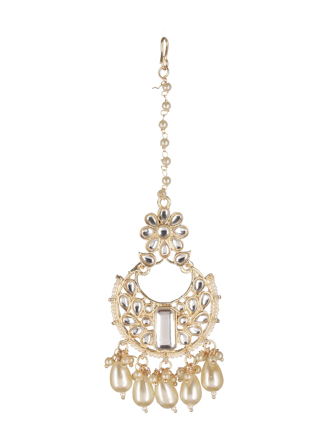 White Floral Block Kundan Pearl Gold-Plated Choker Jewellery Set with Maangtikka