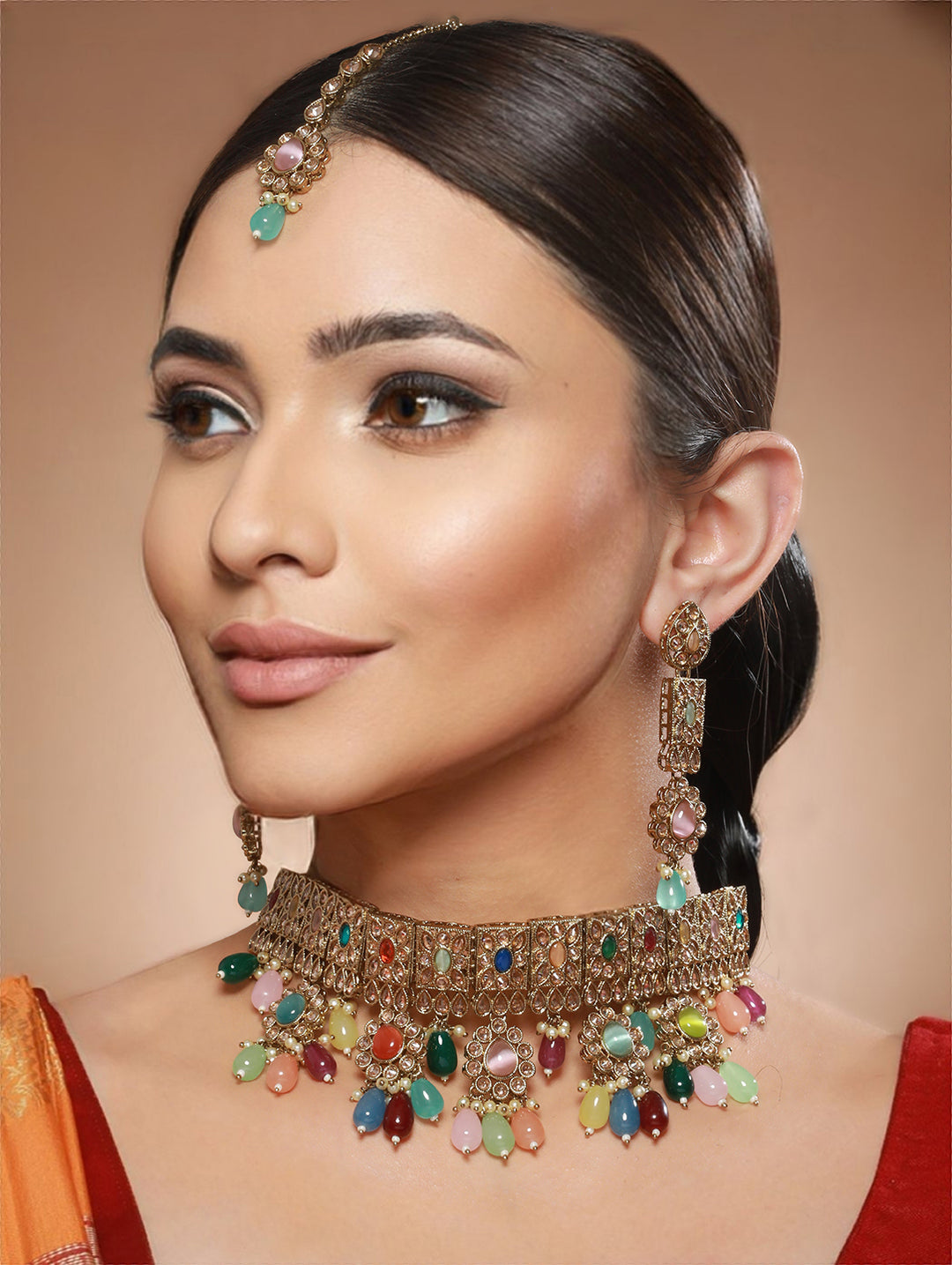 Multicolor Studded Floral Beads Choker Jewellery Set with Maangtikka