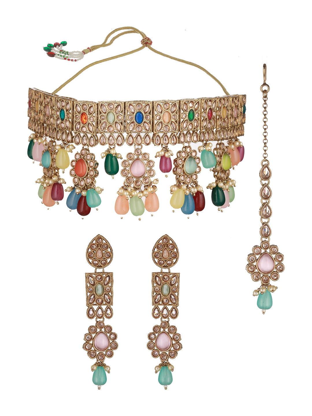 Multicolor Studded Floral Beads Choker Jewellery Set with Maangtikka