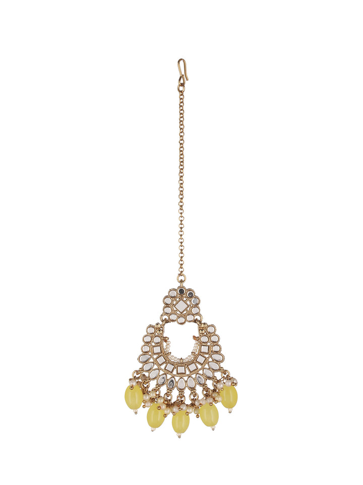Green Mirror Design Beaded Gold-Plated Jewellery Set with Maangtikka