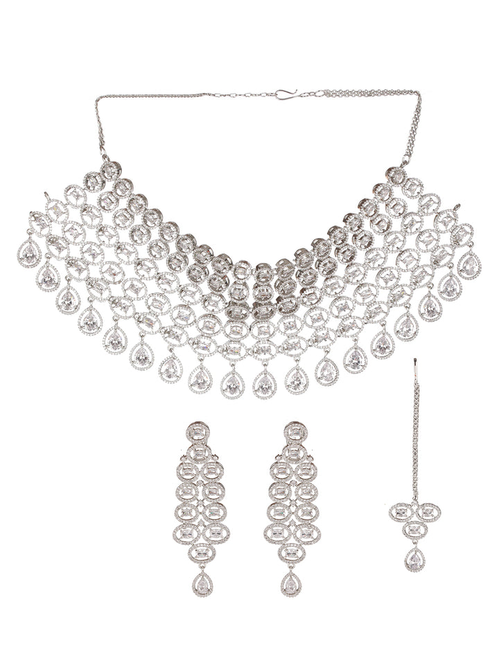 Elegant Halo Pattern American Diamond Jewellery Set with Maangtikka