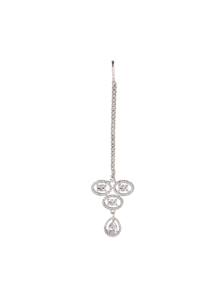 Elegant Halo Pattern American Diamond Jewellery Set with Maangtikka