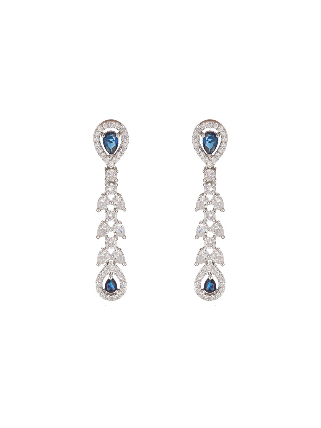 Blue Stone American Diamond Leaf Drop Silver-Plated Jewellery Set