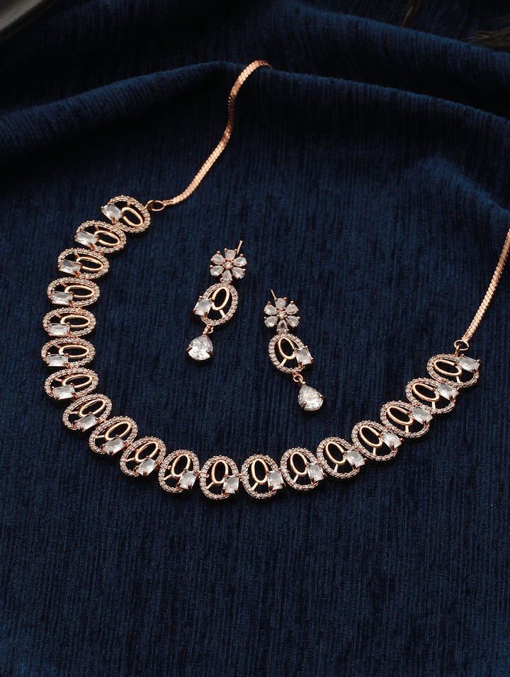 Stunning Oval Design American Diamond Rose Gold-Plated Jewellery Set