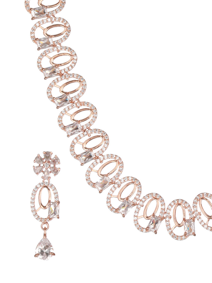 Stunning Oval Design American Diamond Rose Gold-Plated Jewellery Set