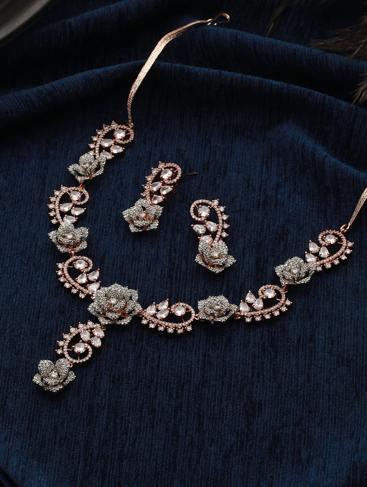 Floral American Diamond Silver Rose Gold-Plated Jewellery Set