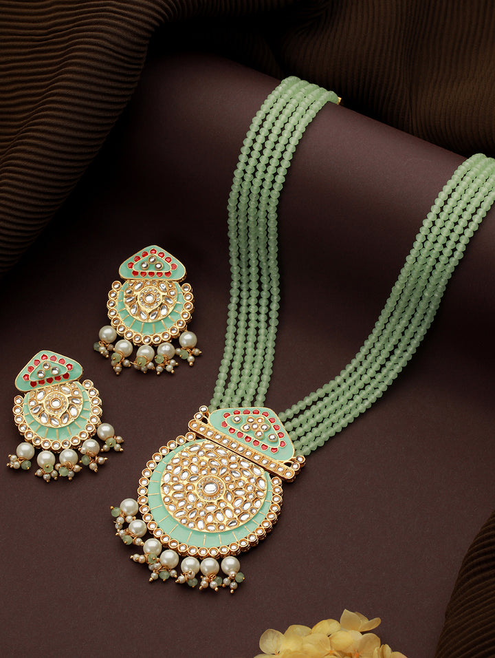 Mint Green Beaded Kundan Meenakari Gold-Plated Maharani Jewellery Set