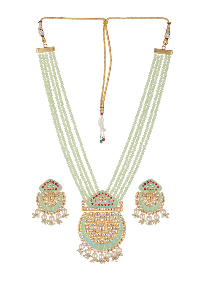 Mint Green Beaded Kundan Meenakari Gold-Plated Maharani Jewellery Set