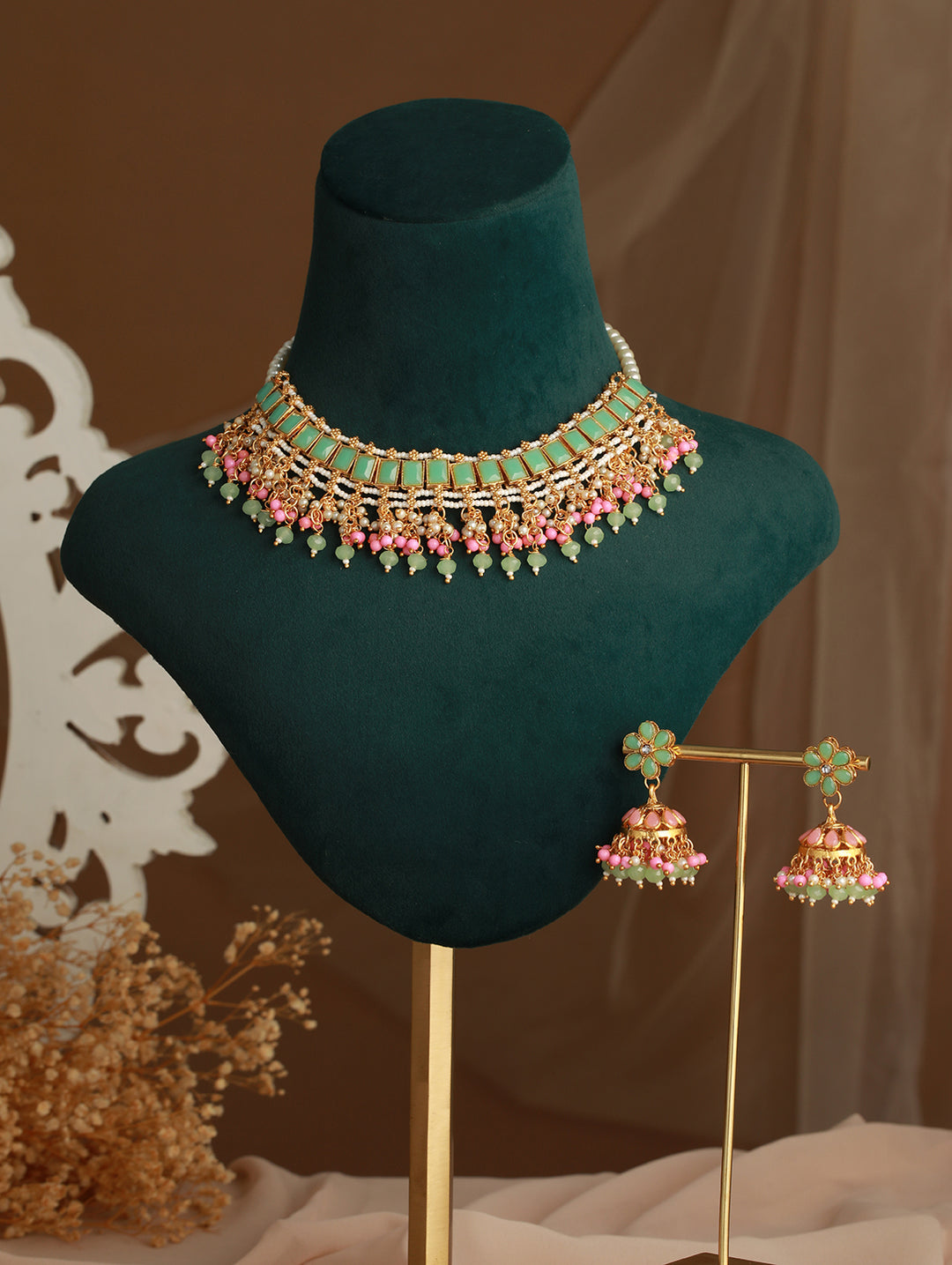 Studded Green & Pink Floral Block Beaded Gold-Plated Jewellery Set