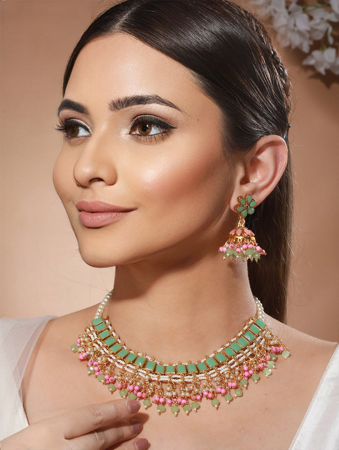 Studded Green & Pink Floral Block Beaded Gold-Plated Jewellery Set